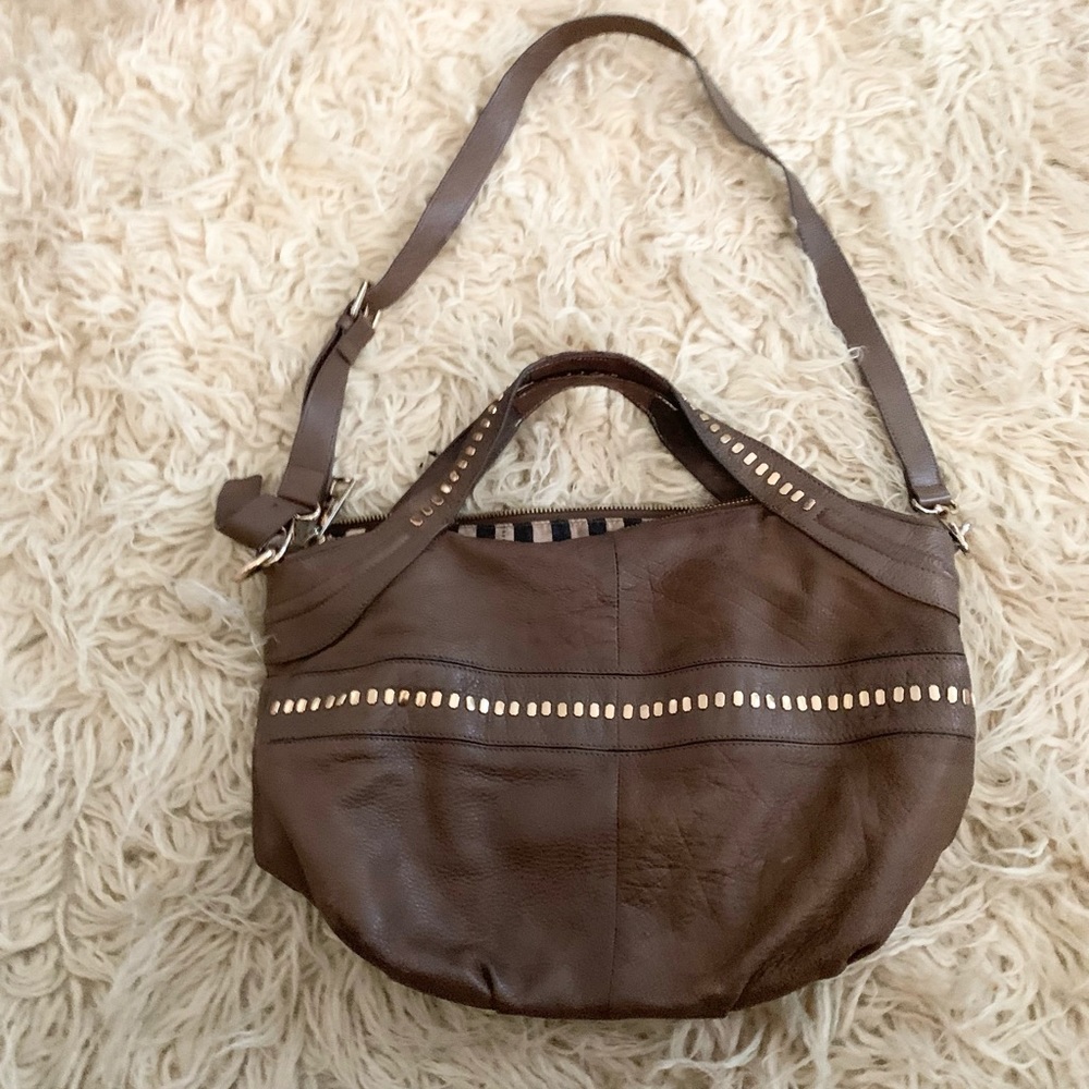 Kelsi Dagger | Pebbled Putty Stone Brown Leather Bag Hand Strap or Crossbody - Picture 7 of 16